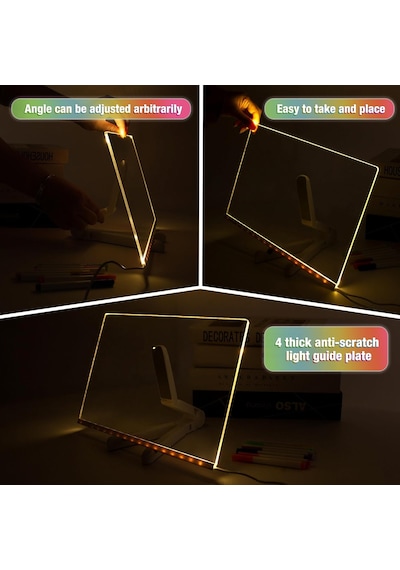 Abatech Renkli Led Not Tahtası, Mesaj Panosu, Akrilik Aydınlatmalı, Silinebilir Beyaz Tahta, Gece Lambalı Şeffaf, 7 Neon Kalem 30 X 20