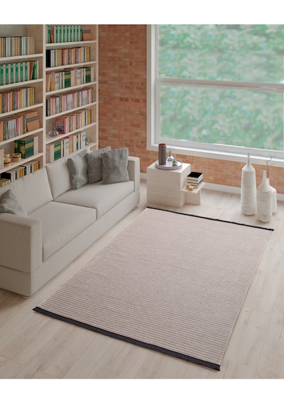 Bej Fitilli Desen Şönil Kilim Makinede Yıkanabilir Kaymaz Taban Halı Yolluk Bej