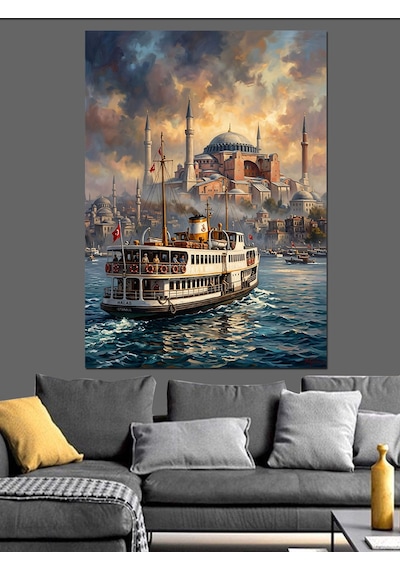 İstanbul Boğazı Vapur Ve Camii Dekoratif Kanvas - Mdf Ahşap Tablo