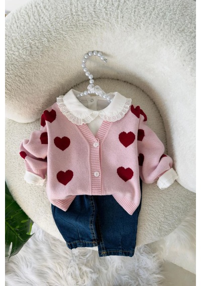 Miniğimin Cicileri Kalpli Triko Hırkalı Pamuklu Kız Bebek 3 L... Pembe