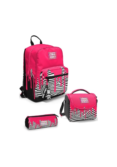 Coral High Pembe Siyah Beyaz Desenli 3 Lü Okul Çanta Seti Set0123678 Pembe - Siyah