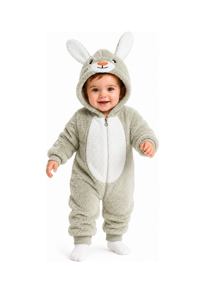 Tatlı Tavşan Desenli Welsoft Bebek Tulumu Kapüşonlu Peluş Fermuarlı Kışlık Unisex Bebek Tulumu Yeşil