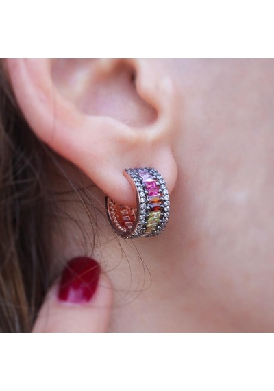 Renkli Zirkon Taşlı Baget Rose Gold Kaplama Gümüş Küpe Gümüş