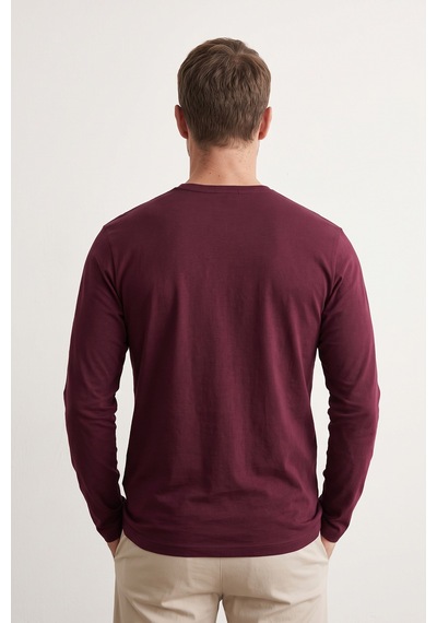 Elemge %100 Pamuk Süprem Basic Erkek T-shirt Compact Penye Tok Yumuşak Kumaş Normal Kalıp Terletmez Uzun Kollu Bordo Sporcu Motorcu Tişört Body