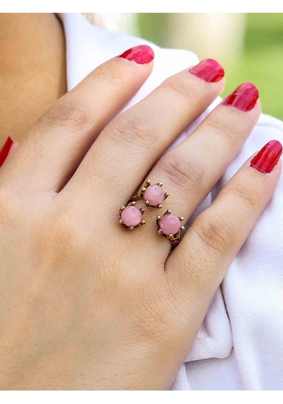 Doğal Taş Pembe Kuvars 3'lü Doğal Taşlı Antik Model Kadın Ayarlanabillir Yüzük Euy88pk Pembe