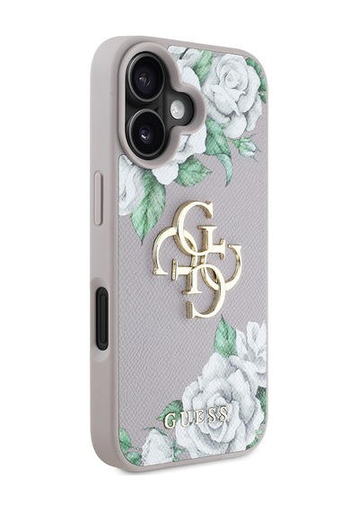 Apple Uyumlu iPhone 16 Kılıf Guess Lisanslı Gül Baskılı Büyük Metal Logo Dizaynlı Kapak Mor