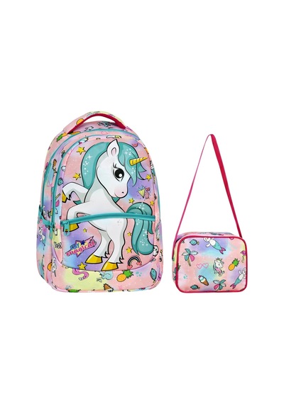 Yeşil Unicorn Desenli Kız İlkokul Sırt Çantası + Beslenme Çantası 2306 Açık Mor