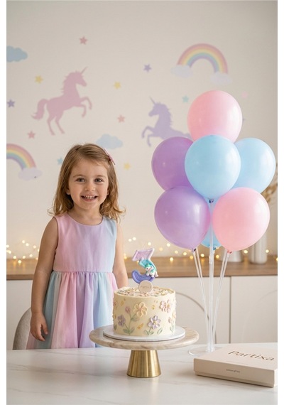 Unicorn Temalı Pastel Rakam Mum Ve Balon Standı Seti - Kız Çocuk Doğum Günü Parti Süsleri 0-9 Yaş 3 - 7 25582676