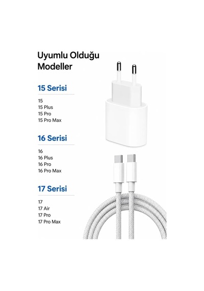 35w Hızlı Şarj Aleti Seti İphone 15/16 / 17 Serisi Uyumlu Type-c To Type-c Örgülü Kablo & 35w Pd Adaptör + 60w Örgülü Kablo