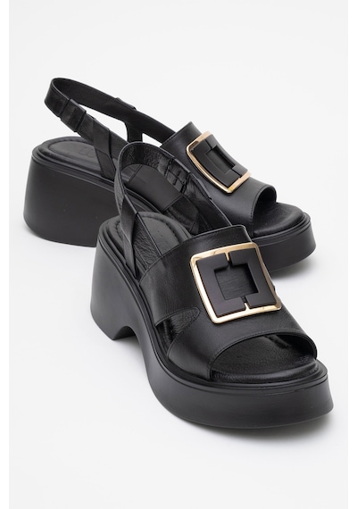 Luvishoes Lucıa Siyah Tokalı Hakiki Deri Kadın Dolgu Topuklu Sandalet Siyah