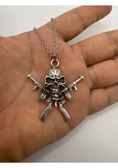 Kurukafa Ve Silah Asi Ve Güçlü Unisex Kolye 60 Cm Zincir Çok renkli