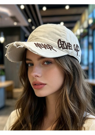 Valkyrie Unisex Krem Never Give Up Nakışlı Baseball Şapka Ayarlanabilir Vintage Streetwear Spor Kep