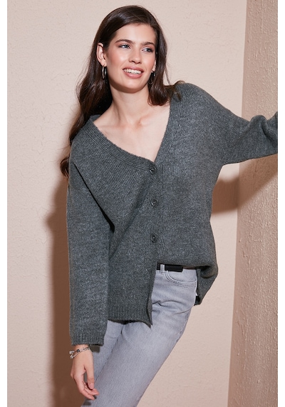 Lela Regular Fit V Yaka Düğmeli Triko Bayan Hırka 4616229 Antrasit