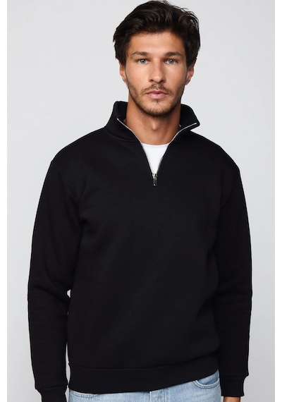 Tudors Unisex Relax Fit Rahat Kesim Pamuklu İçi Polarlı Yarım Fermuarlı Siyah Dik Yaka Sweatshirt-29035