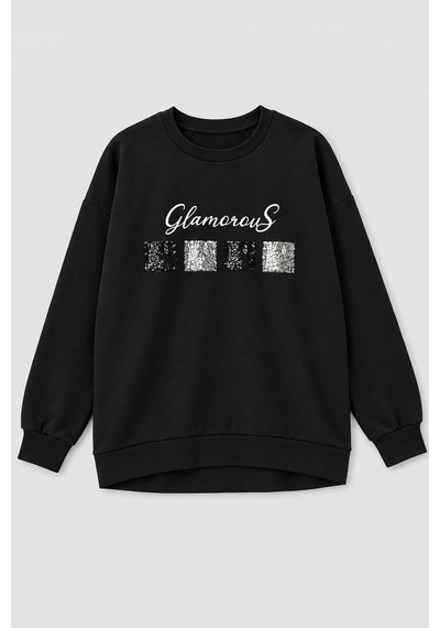 Markapia Kadın Bisiklet Yaka Pul Detaylı Sweatshirt SiYAH