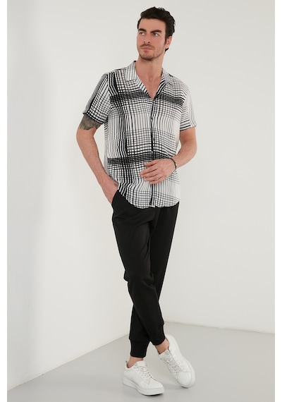 Buratti Regular Fit Kısa Kollu Apaş Yaka Desenli Erkek Gömlek Cf21S114293 Ekru-Siyah