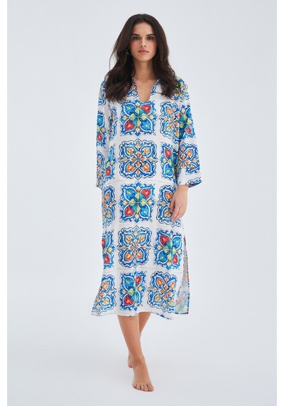 Peraluna RIA CAFTAN Çini Desenli Derin Yırtmaçlı Saten Kadın Kaft Çok Renkli