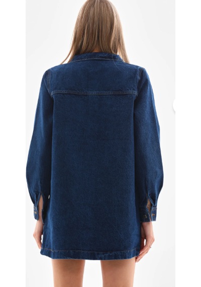 Eseclass Kadın Koyu Mavi Çift Cepli Uzun Denim Ceket - Düğmeli Kot Ceket Tunik