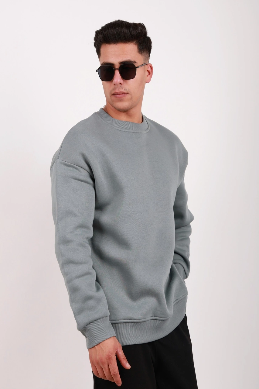 Erkek Standart Fit Bol Kesim %100 Pamuklu Içi Şardonlu 3 Iplik Bisiklet Yaka Sweatshirt Küf Yeşili
