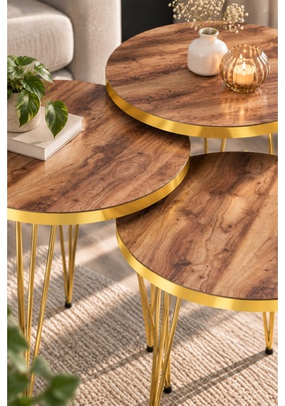Sulorahome Gold Ceviz Desenli Zigon Sehpa Seti Ceviz - Altın