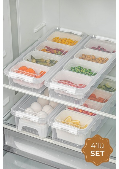 Vienev Kilitli Kapaklı Uzun Saklama Kabı Seti 2 x 2.5 L + Kutulu Yumurtalık 2 x 3.5 L 4'lü Çok Renkli