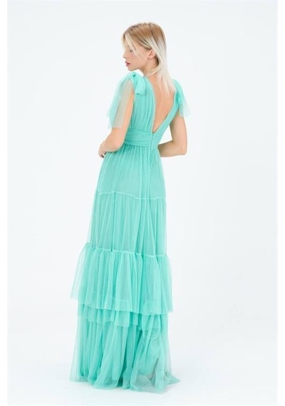 Dip Moda Kadın Kırmızı Korsajlı V Yaka Tül Abiye Elbise Dpnbs9271 Mint