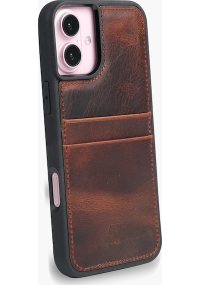 Zawa Apple İphone 16 Pro Uyumlu Suni Deri Kartlık Arka Koruma Kılıf - Kahverengi Koyu