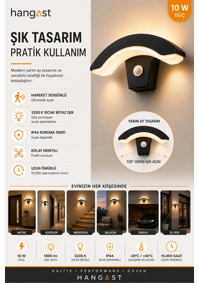 Sensörlü Yarım Ay Led Aplik 24w 1800 Lm 3200k Sıcak Beyaz Hareket Sensörlü Duvar Lambası Siyah