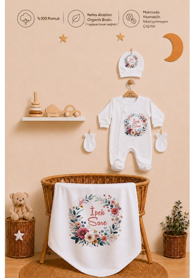 Pia Baby Kız Bebek %100 Pamuk Hediye Seti 6 Lı İsimli Keseli Tulum Şapka Eldiven Battaniye Ve Yastık Kılıfı 1069tybkyx Krem