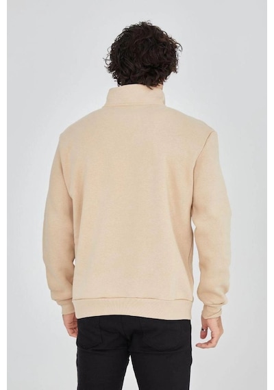 Erkek Yarım Fermuarlı Baskılı 3 İplik Pamuklu Sweatshirt - Bej