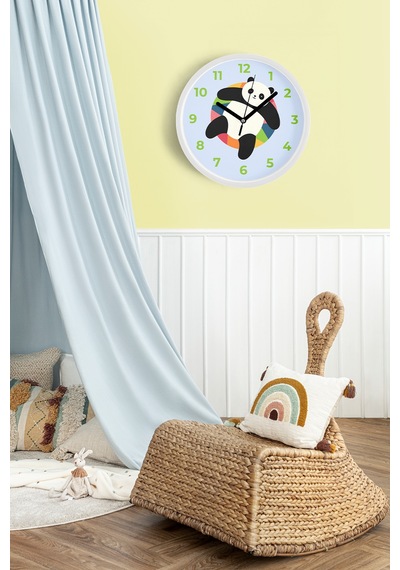 Sevimli Panda Tasarım Çocuk Odası Duvar Saati - 35cm - Önü Camlı Beyaz Kasa - Sessiz Mekanizma Beyaz