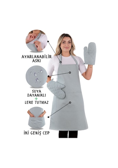 Simple 3lü Set Ayar Askılı Cepli Mutfak Önlüğü 2 Eldiven Açık Gri