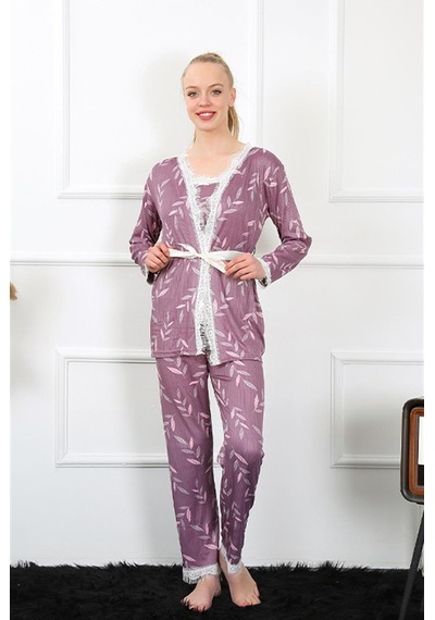 İbrahim Burak Etiler Collection Moda Çizgi Kadın 3'lü Lila Sabahlık Pijama Takım 16103