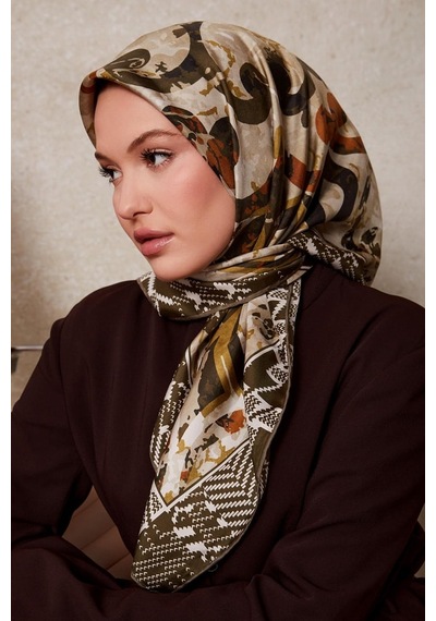 Levidor Desenli Twill İpek Eşarp-0918 Zeytin Yeşili