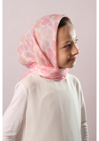 Hürrem Bone Pudra Dijital Baskılı Çocuk Tesettür Eşarp Pamuk Polyester Kalp Desenli 6003 06 Pudra