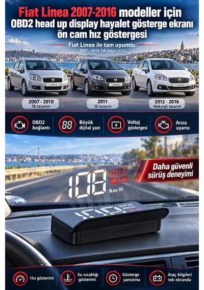 Fiat Linea 2007-2016 Modeller İçin Obd2 Head Up Display Hayalet Gösterge Ekranı Ön Cam Hız Göstergesi
