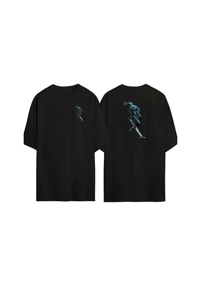 Thewert Unisex Mavi Ve Siyah Karga İllüstrasyon Ön Arka Baskılı Sıyah Oversize T-shirt