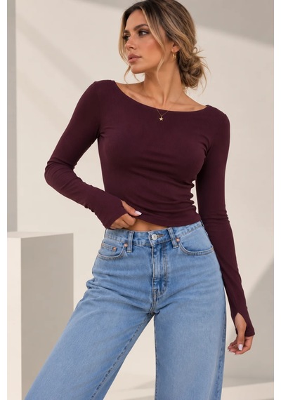 Bb Butik Basic Soft Touch Parmak Geçmeli Kayık Yaka Bluz Mdk35 bordo