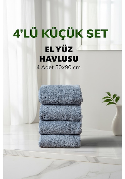 4 Lü Kareli Mavi Renk Yumuşak Pamuk El Yüz Havlusu Seti 50x90 Cm