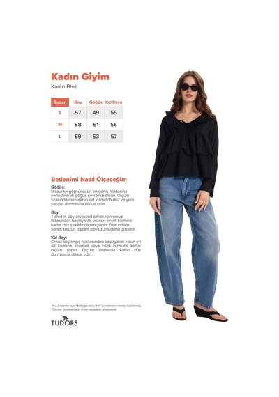 Tudors Kadın Slim Fit Dar Kesim V Yaka Fırfır Detaylı Uzun Kol Siyah Bluz-52082