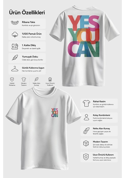 Spoyi Yes You Can Tasarımlı %100 Pamuk Yarım Oversize Beyaz T-shirt