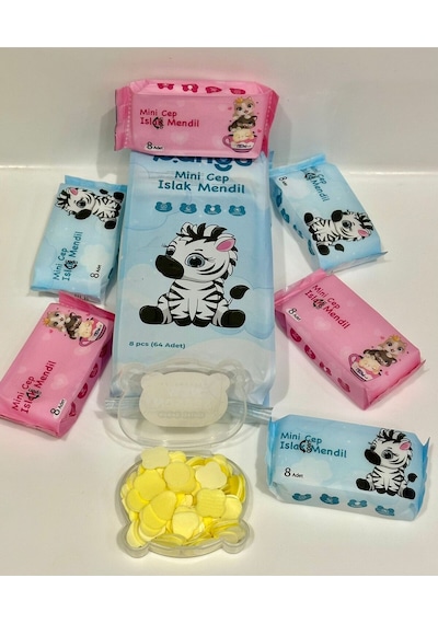 64'lü Mini Cep Islak Mendil Seti + 100 Adet Sihirli Tablet Sabun - Hijyen Paketi Mavi