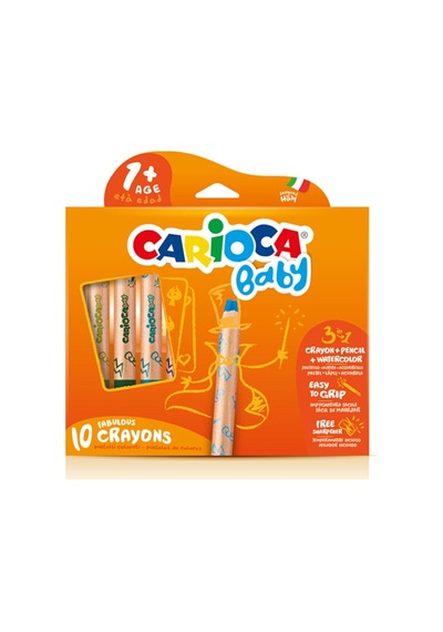 Carioca Baby "3 In 1" Jumbo Ahşap Gövdeli Boya Kalemi 10'lu Kalemtraş Hediyeli Çok Renkli