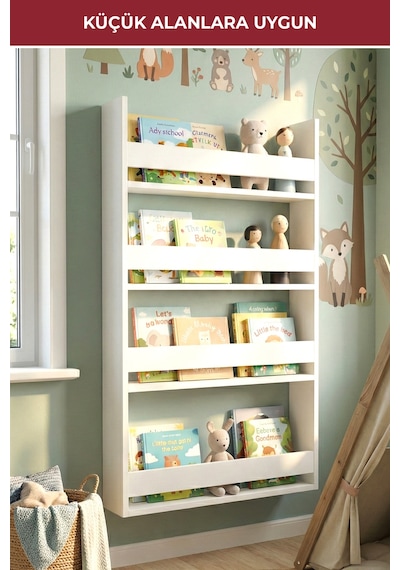 Montessori Çocuk Odası Eğitici Kitaplık 4 Raflı Dekoratif Duvar Rafı Beyaz Beyaz