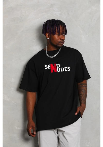 Moda Assema Erkek Bisiklet Yaka Double Oversize Baskılı T-shirt - Siyah Çok Renkli