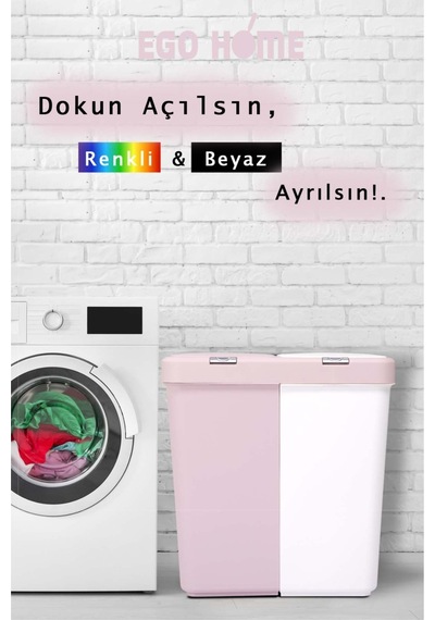 Pembe-beyaz Mote Ikili Dokunmatik Kirli Çamaşır Sepeti 2 Bölmeli Dokunmatik Kapak 80lt,