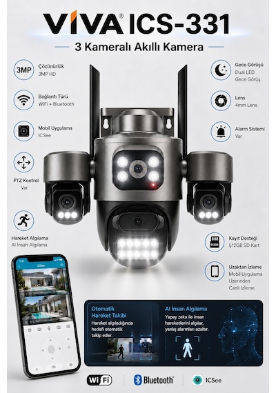 Viva Ics-331 3 Kameralı Akıllı Dış Mekan Ptz Wifi Güvenlik Kamerası 3mp Icsee Aı İnsan Takip Çift Yönlü Ses