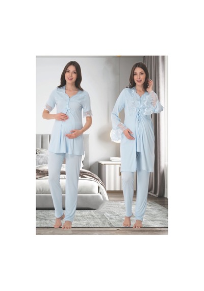 Effortt Dvina Lohusa Hamile Sabahlıklı Pijama Takımı - Mavi Mavi