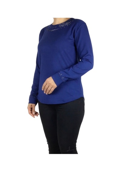 Ece giyim Kadın Yakası Ve Kolları Taşlı Spor Bluz Mavi