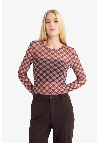 Defacto Coool Fitted Kareli Tül Uzun Kollu Tişört G3024ax25wnpn38 Pembe-pn38